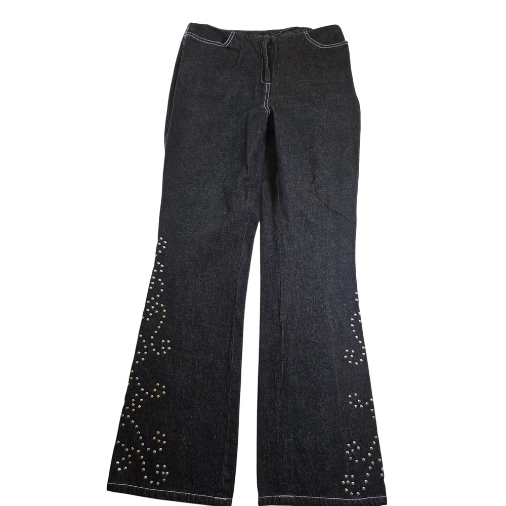 Moda Intl Women 8 Black Studded Flare Jeans Low Rise Y2K Contrast Stitch VS Vtg